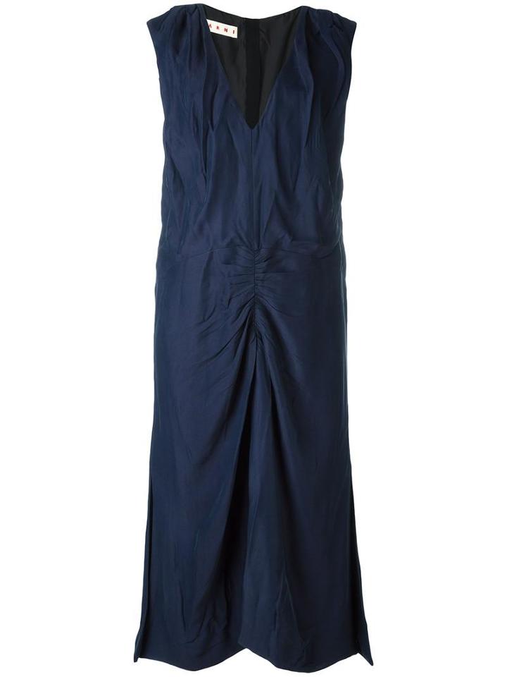 Marni Ruched V-neck Dress, Women's, Size: 44, Blue, Silk/acetate