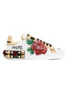 Dolce & Gabbana Rose Patch Leather Sneakers - White