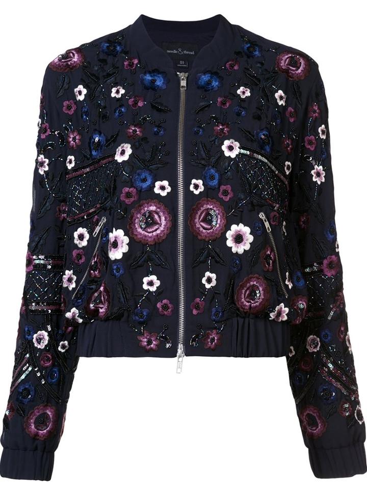 Needle & Thread Floral Embellished Bomber Jacket, Women's, Size: 6, Black, Polyester