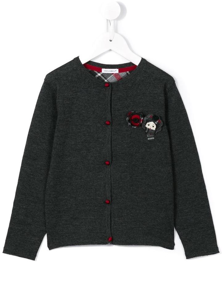 Dolce & Gabbana Kids Floral And Girl's Face Appliquéd Cardigan, Size: 10 Yrs, Grey