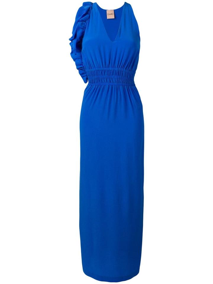 Nude Ruffled Long Dress - Blue