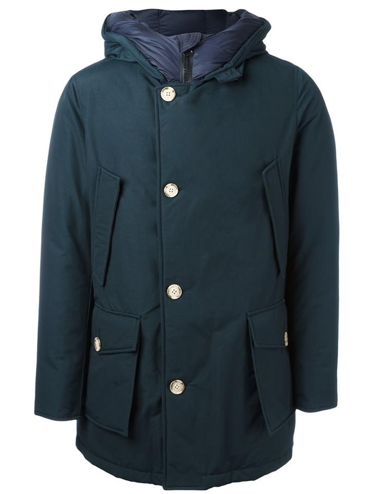 Woolrich Buttoned Hooded Coat, Men's, Size: Large, Blue, Cotton/polyamide/feather