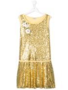 Monnalisa Floral Embroidered Sequin Dress - Gold