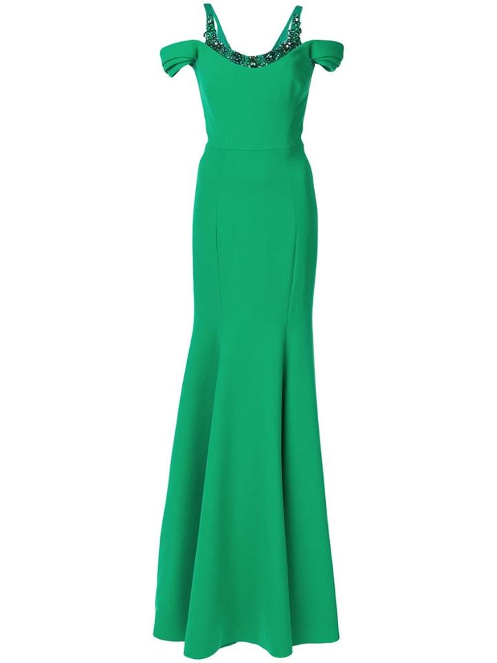 Marchesa Notte Cold Shoulder Stretch Crepe Gown - Green