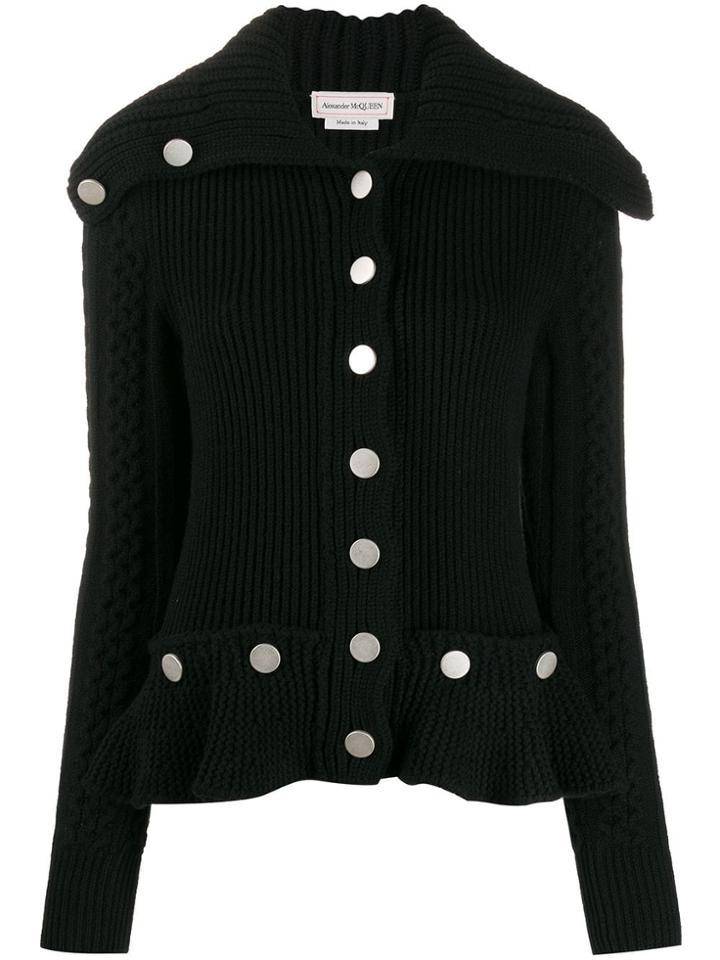 Alexander Mcqueen Ribbed Knit Peplum Cardigan - Black