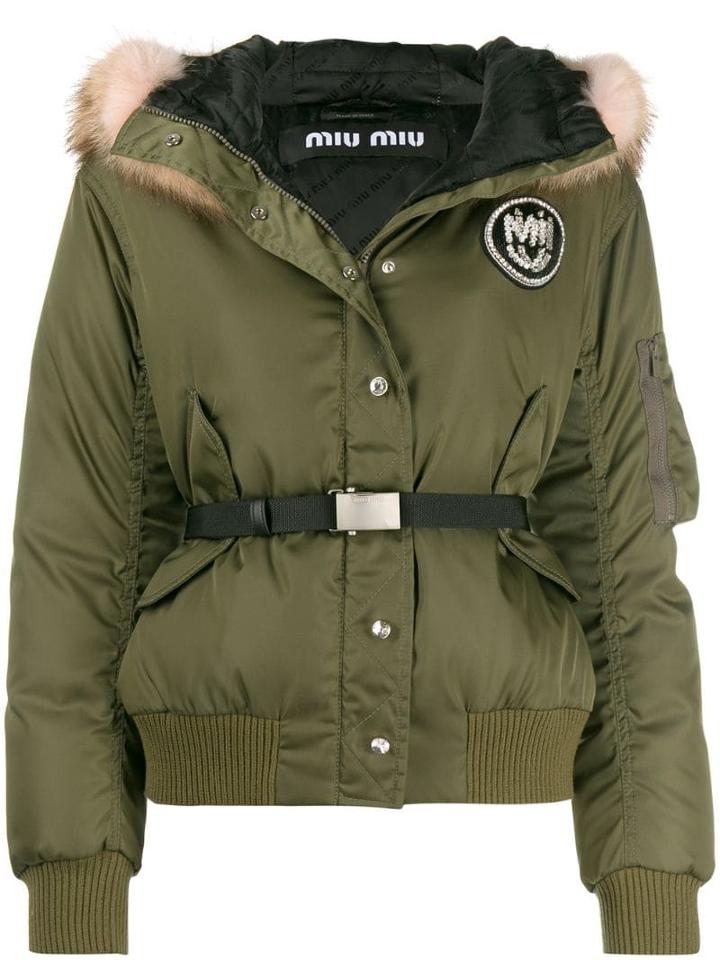 Miu Miu Racoon Fur Collar Puffer Jacket - Green