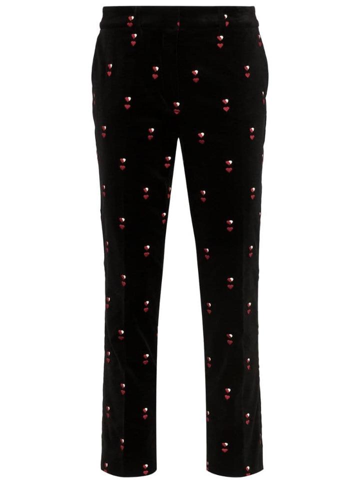 Frame Heart-embroidered Velvet Trousers - Black