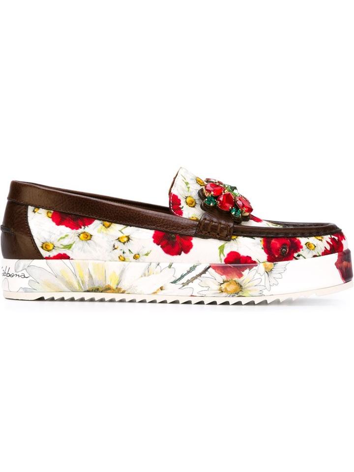 Dolce & Gabbana Embellished Loafers, Women's, Size: 38.5, Cotton/leather/viscose/leather