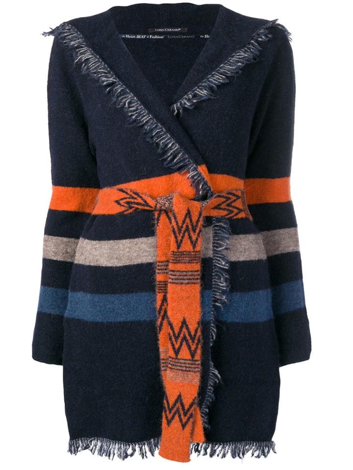 Luisa Cerano Striped Belted Cardigan - Blue