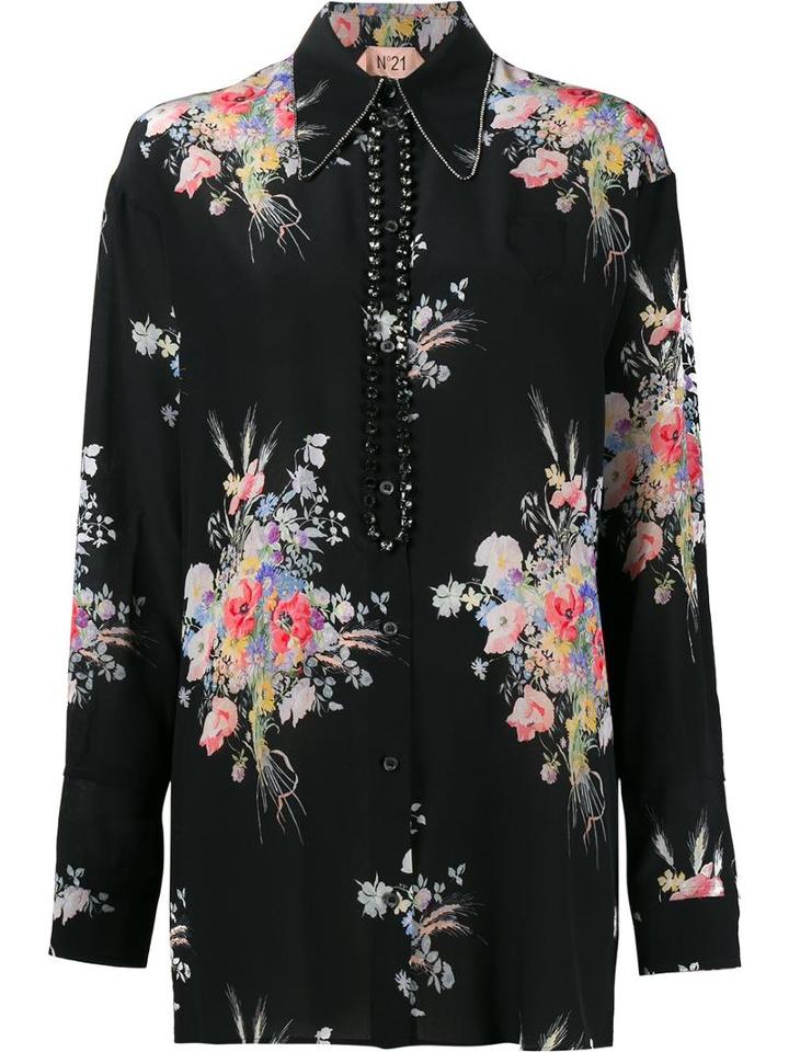 No21 Diamante Trim Floral Shirt, Women's, Size: 42, Black, Silk/metal/glass