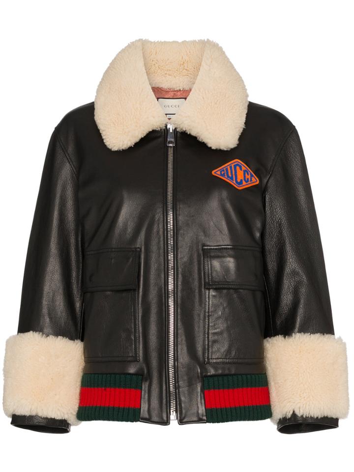Gucci Shearling Leather Bomber Jacket - Black