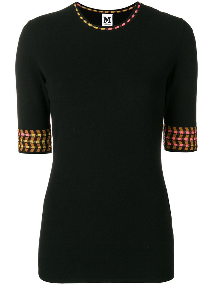M Missoni Embroidered Neck Short Sleeved Knit Top - Black