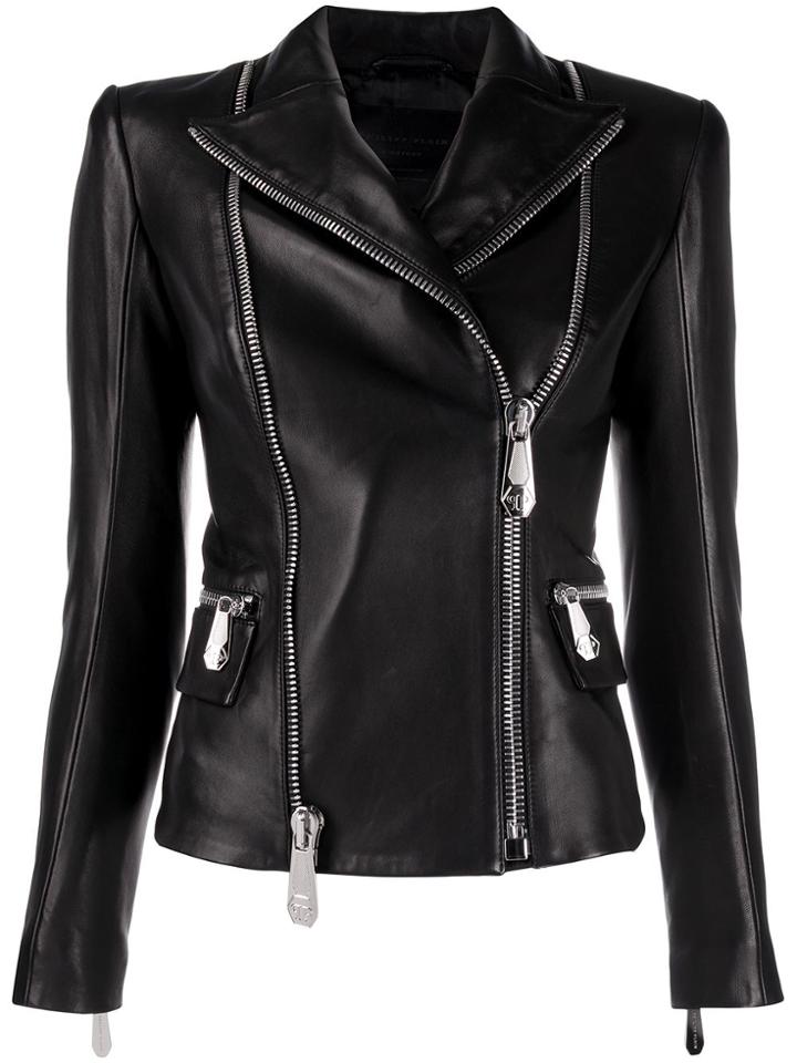 Philipp Plein Logo Embellished Biker Jacket - Black