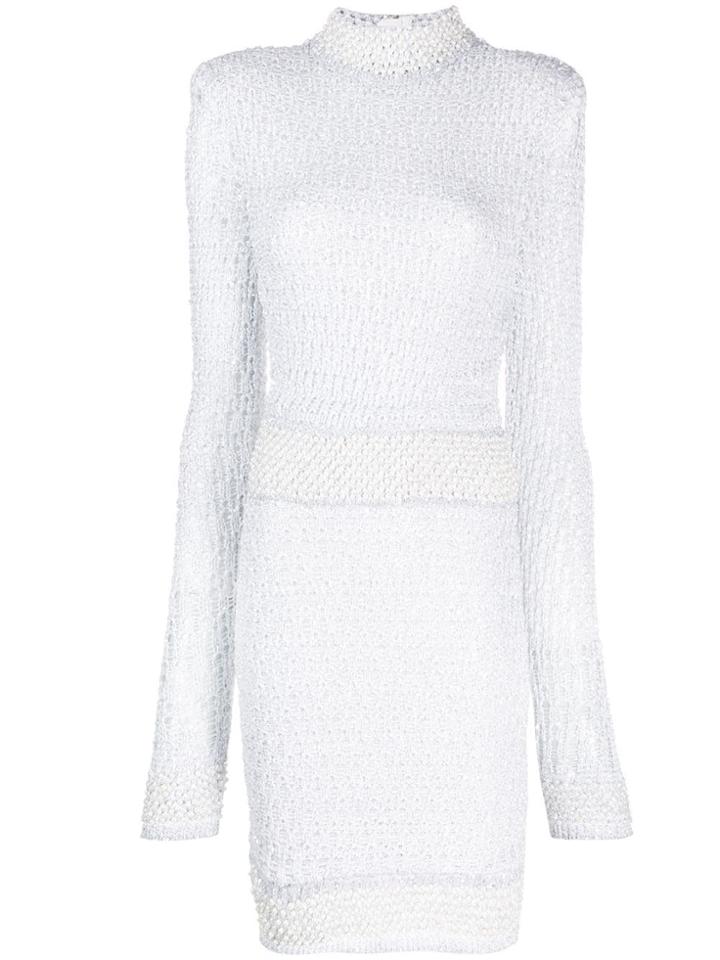 Balmain Pearl And Sequin Embellished Knitted Dress - White