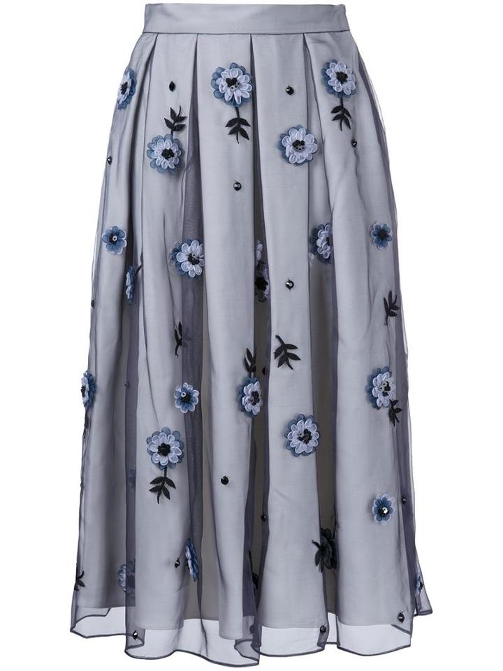 Holly Fulton Flower Embellished Pleated Skirt, Women's, Size: 12, Grey, Silk