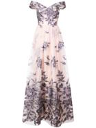 Marchesa Notte Embroidered Off The Shoulder Gown - Pink & Purple