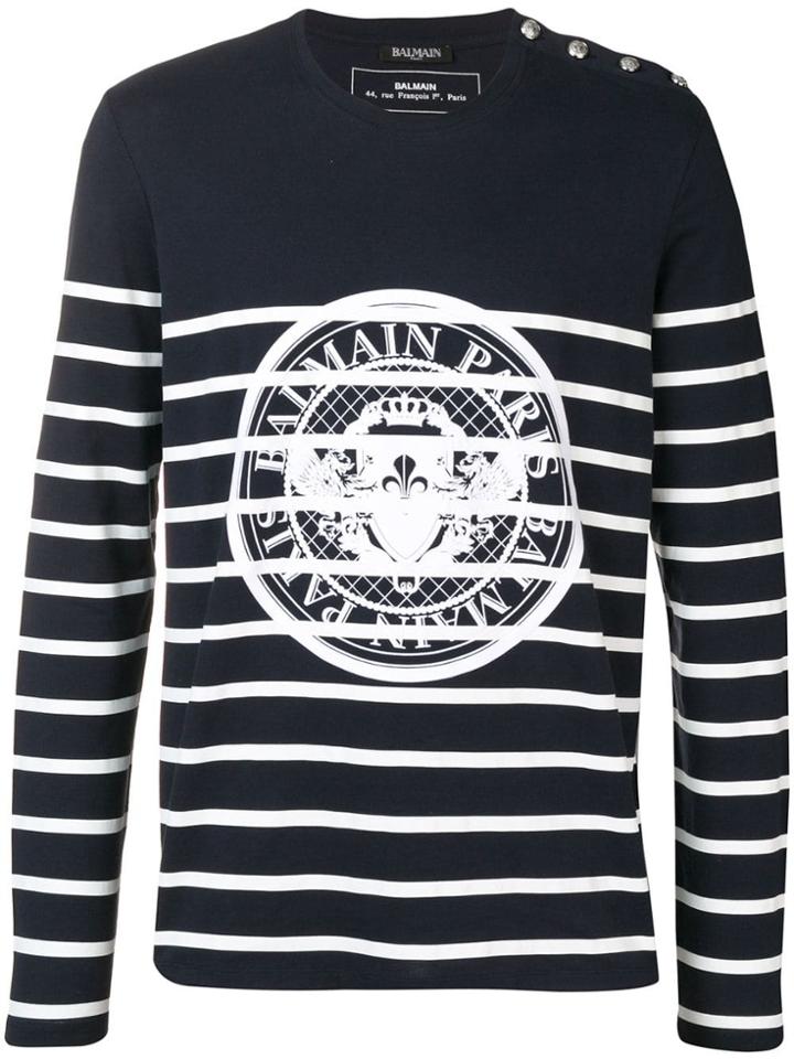 Balmain Striped Brand Logo T-shirt - Blue