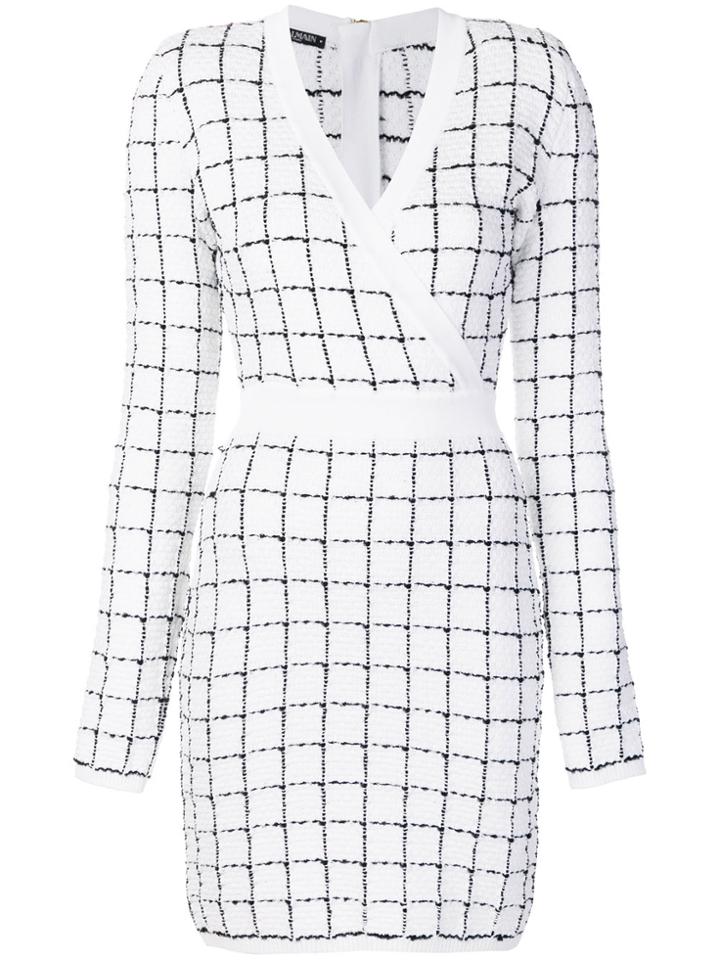 Balmain Checked V-neck Dress - White