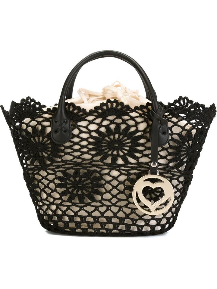 Twin-set Crochet Detail Tote, Women's, Black, Leather/cotton