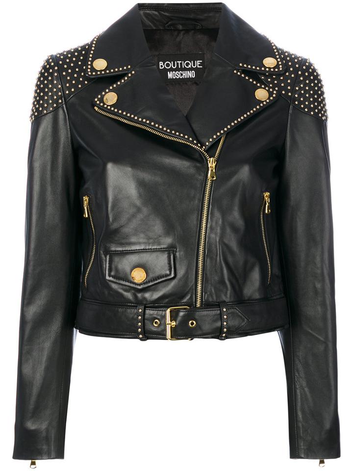 Boutique Moschino - Studded Biker Jacket - Women - Calf Leather/polyester - 44, Black, Calf Leather/polyester