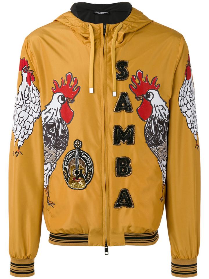 Dolce & Gabbana Samba Rooster Print Jacket, Men's, Size: 50, Yellow/orange, Polyester