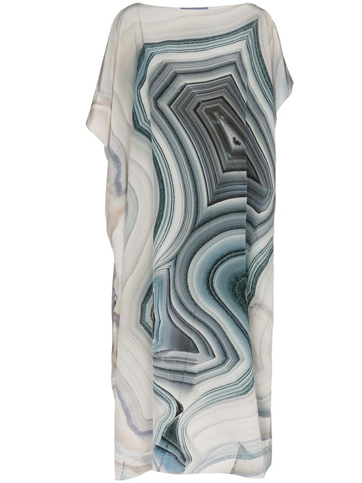 Kimberly Mcdonald Off-shoulder Cool Tones Print Silk Kaftan Dress -
