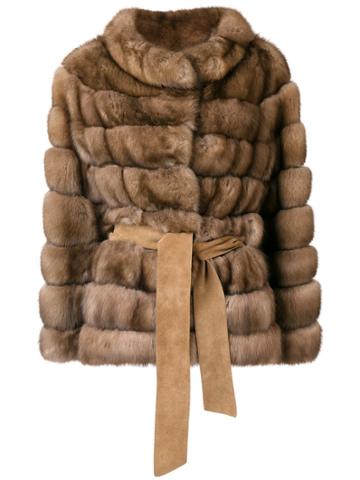 Liska Belted Fur Jacket - Brown