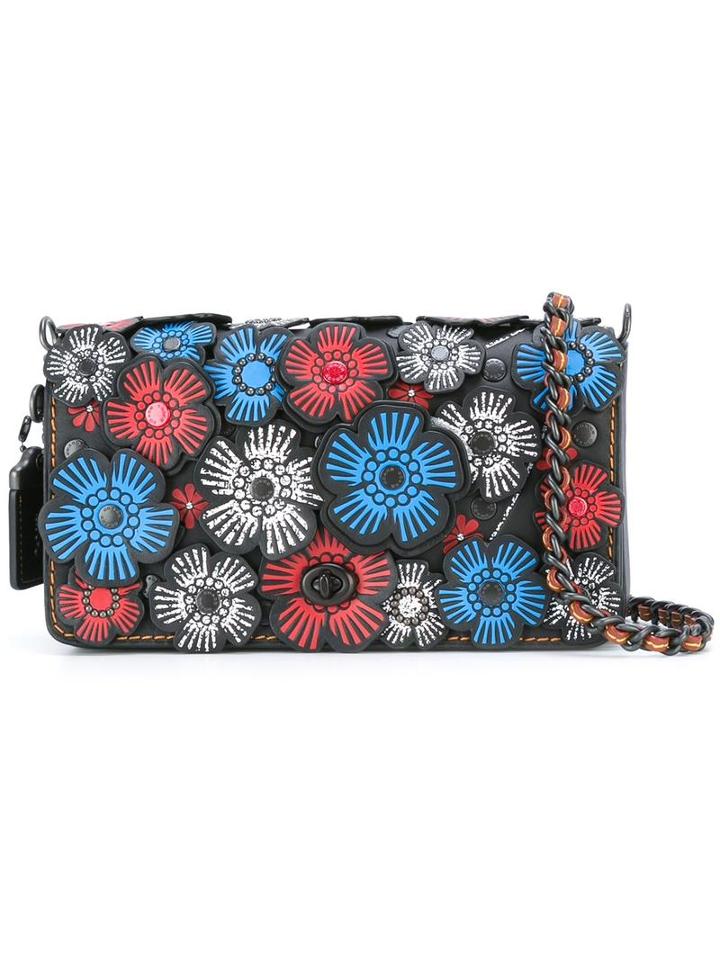 Coach Flower Embellished Shoulder Bag, Women's, Black, Leather
