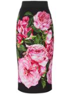 Dolce & Gabbana Rose Print Straight Skirt, Women's, Size: 44, Black, Viscose/silk/spandex/elastane