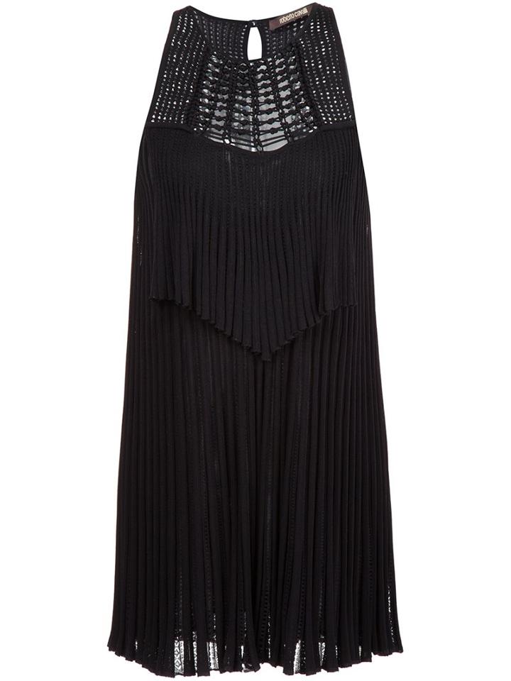 Roberto Cavalli Macrame Pleated Dress, Women's, Size: 42, Black, Silk/viscose/polyester/spandex/elastane