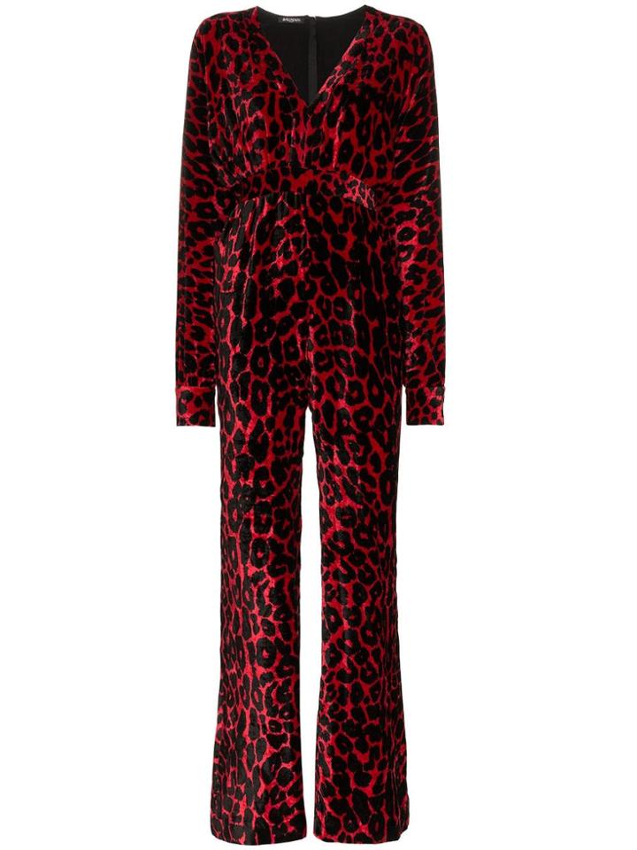 Balmain Leopard Print Wide Leg Velvet Jumpsuit - Black