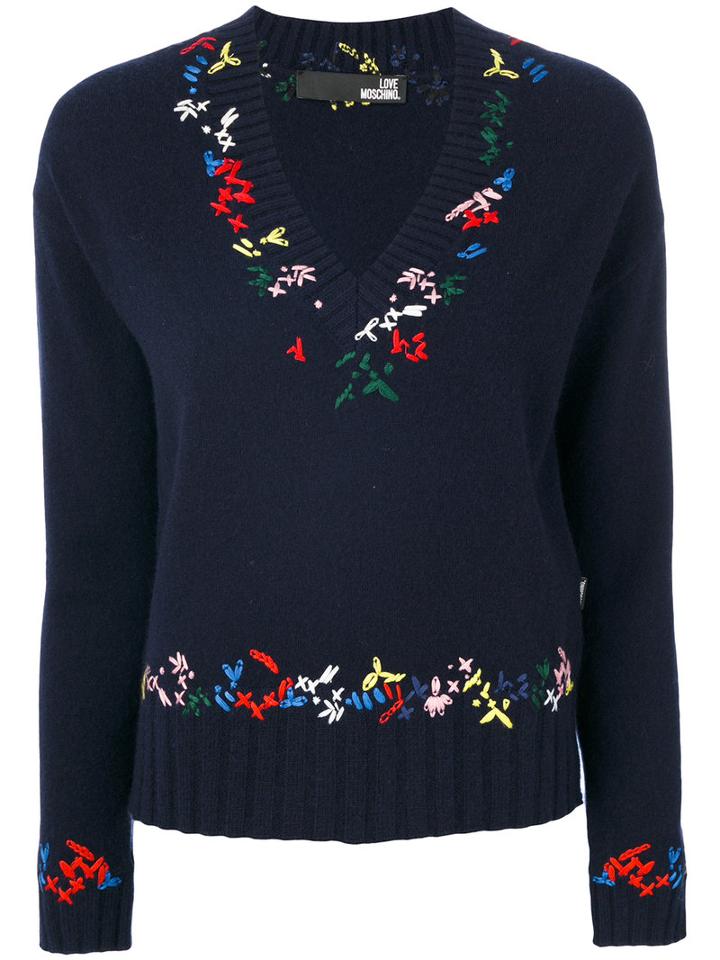 Love Moschino - V-neck Embroidered Jumper - Women - Polyamide/viscose/cashmere/wool - 42, Blue, Polyamide/viscose/cashmere/wool