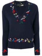 Love Moschino - V-neck Embroidered Jumper - Women - Polyamide/viscose/cashmere/wool - 42, Blue, Polyamide/viscose/cashmere/wool