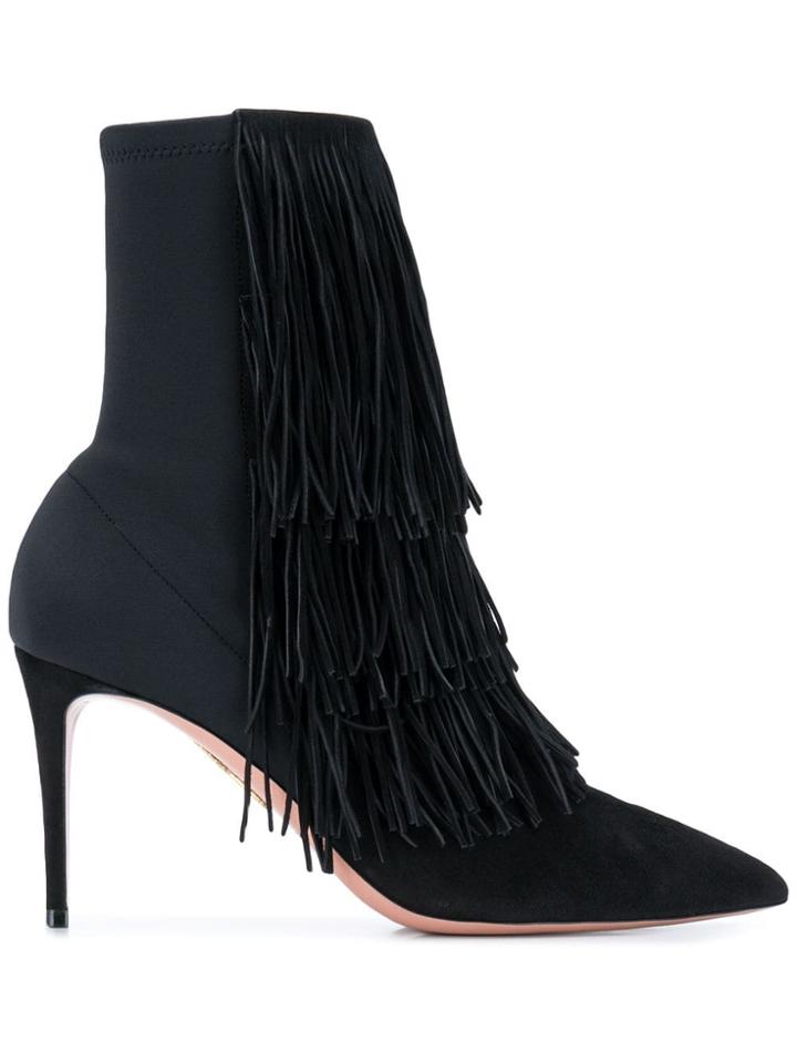 Aquazzura Fringe Tiered Ankle Boots - Black