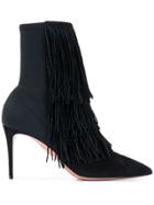 Aquazzura Fringe Tiered Ankle Boots - Black