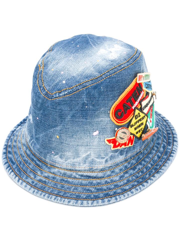 Dsquared2 - Embroidered Patch Denim Hat - Men - Cotton/polyester/spandex/elastane/brass - M, Blue, Cotton/polyester/spandex/elastane/brass