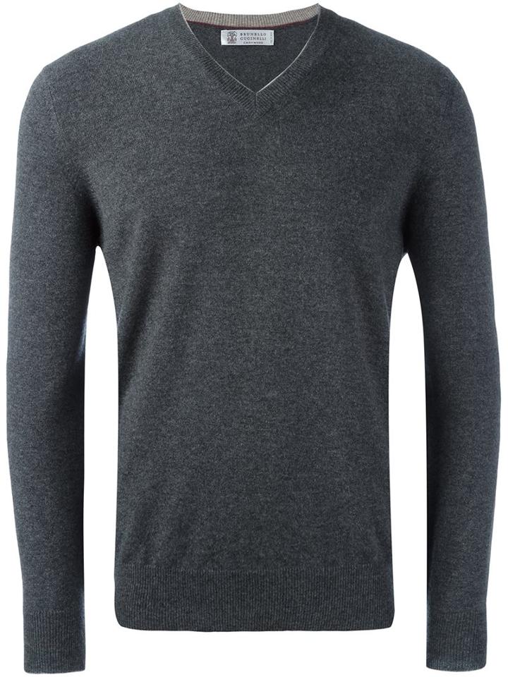 Brunello Cucinelli Cashmere V-neck Pullover, Men's, Size: 50, Grey, Cashmere
