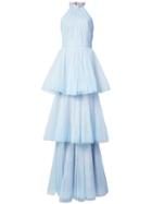 Marchesa Notte Tiered Tulle Halter Gown - Blue