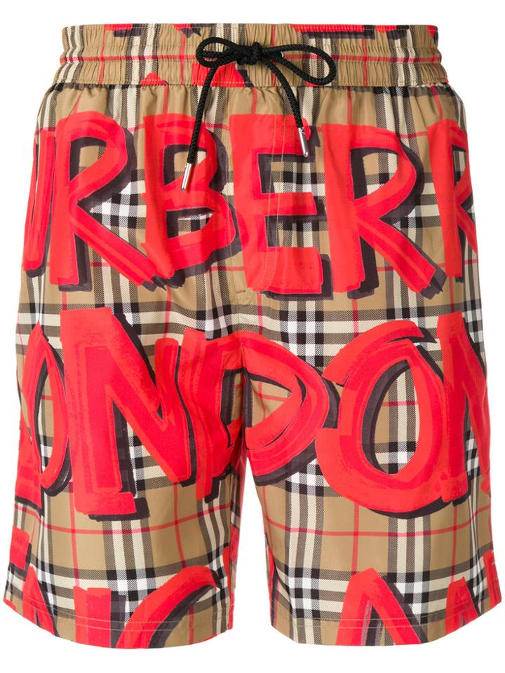 Burberry Graffiti Print Vintage Check Beach Shorts - Brown