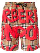 Burberry Graffiti Print Vintage Check Beach Shorts - Brown
