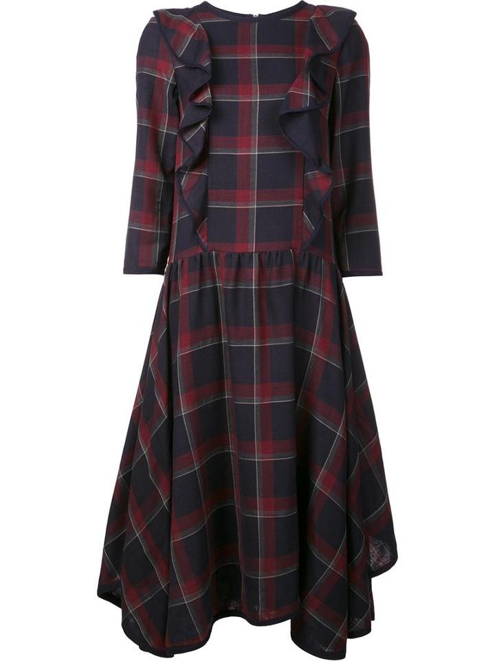 Suno Plaid Ruffled Front Dress, Women's, Size: 4, Blue, Virgin Wool/silk
