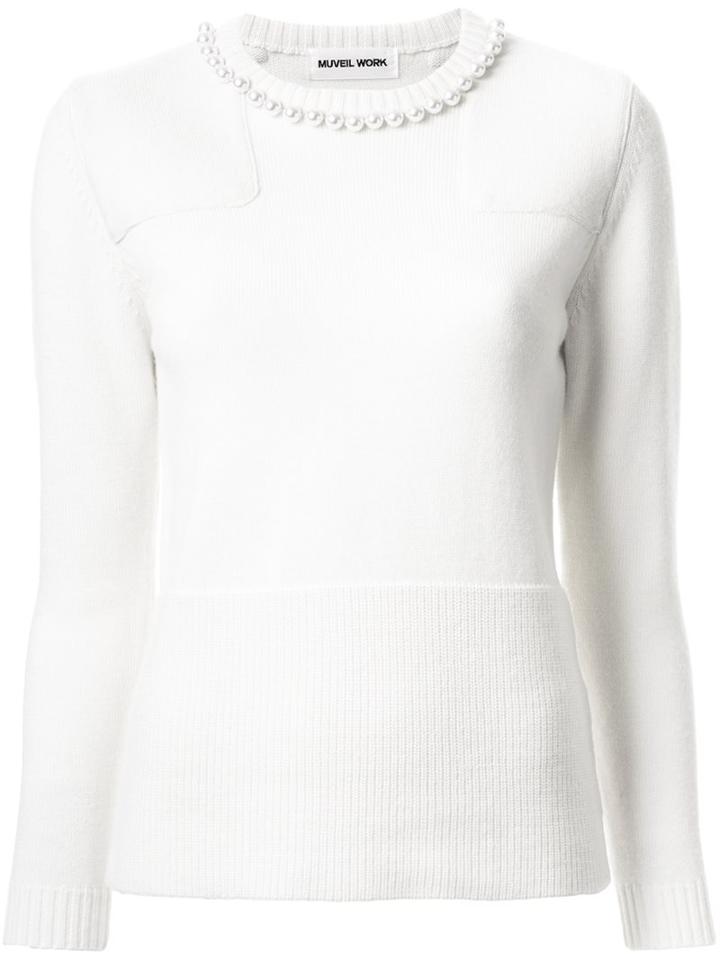 Muveil Embellished Crew Neck Jumper, Women's, Size: 38, White, Acrylic/wool