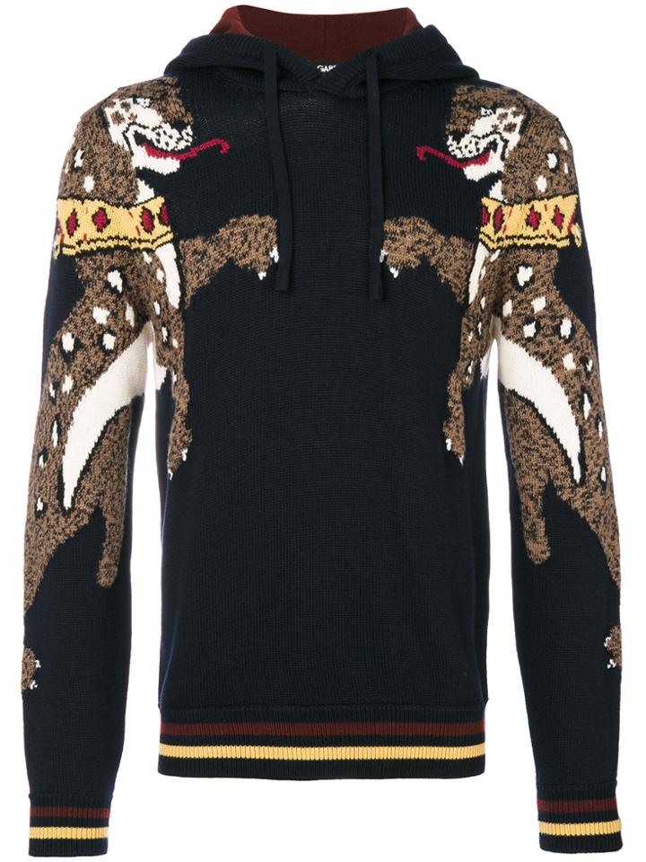 Dolce & Gabbana Leopard Intarsia Knit Hoodie - Blue