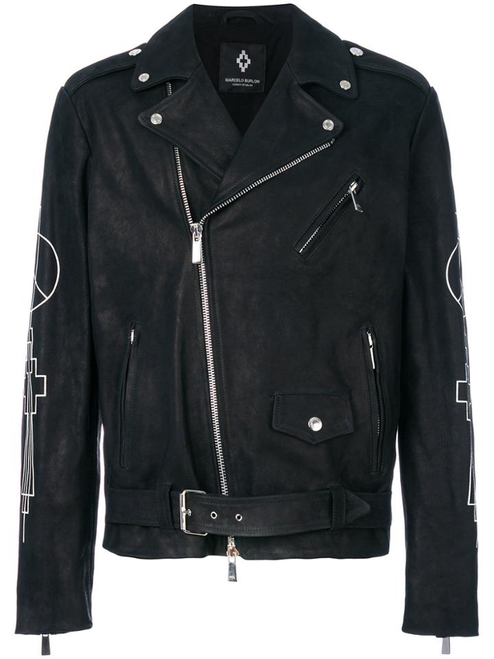 Marcelo Burlon County Of Milan Embroidered-sleeve Biker Jacket - Black