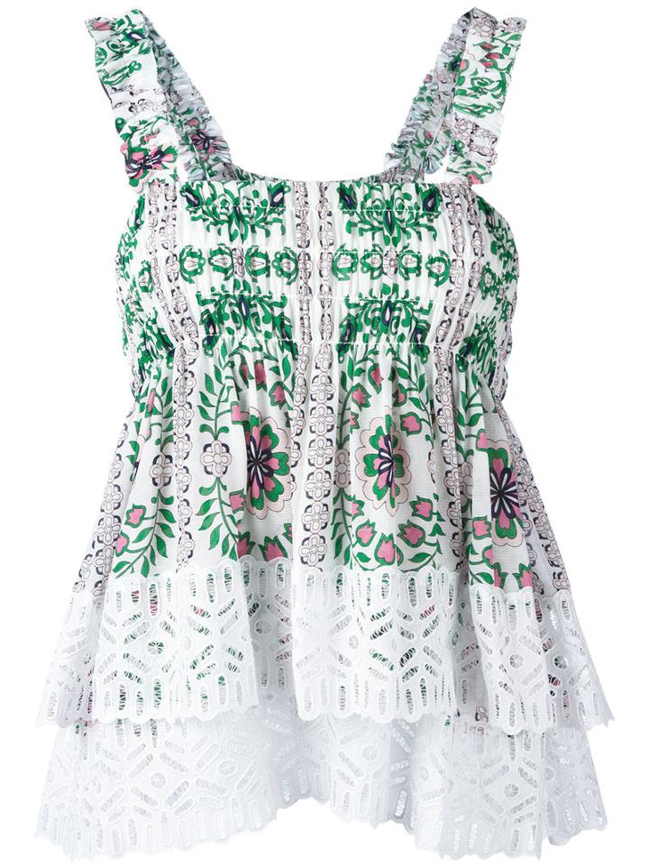 Tory Burch Floral Print Pleated Top, Women's, Size: 2, White, Silk/cotton