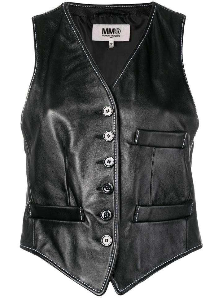 Mm6 Maison Margiela Cropped Leather Waistcoat - Black