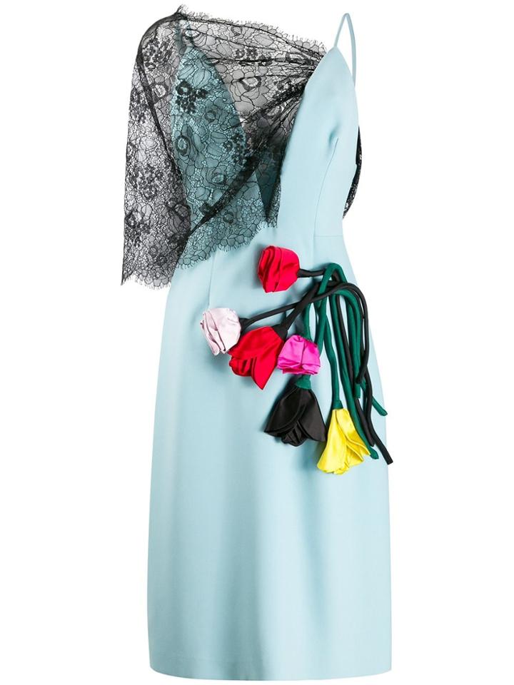 Prada Asymmetric Flower Appliqué Dress - Blue