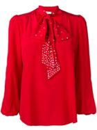 Rixo London Embellished Pussy Bow Blouse - Red
