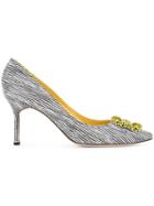 Manolo Blahnik Striped Hangisi Pumps - White