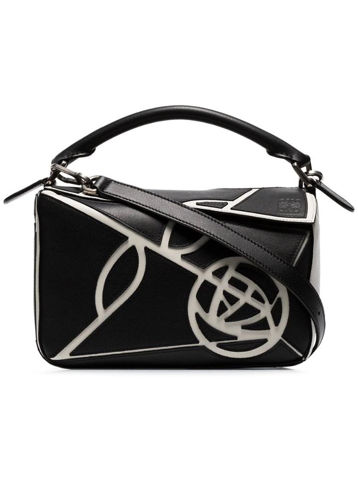 Loewe Black And White Small Leather Roses Puzzle Bag